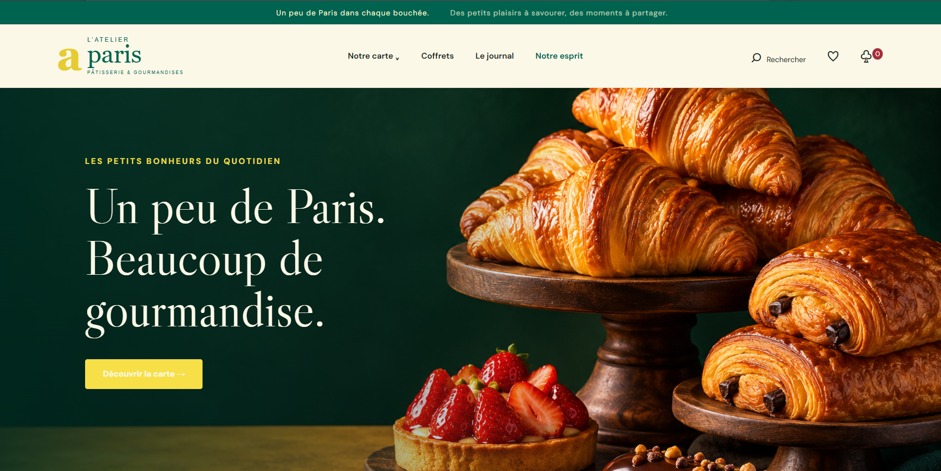 Site L’Atelier Paris : pâtisseries et viennoiseries, identité vert profond et jaune