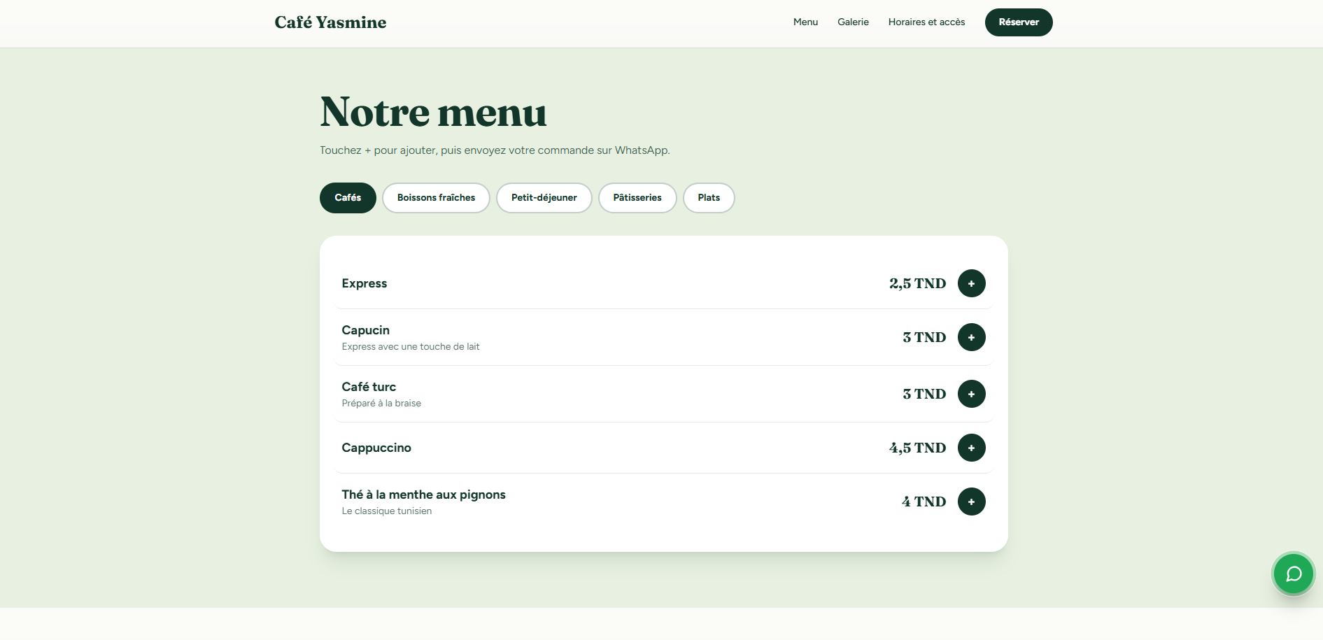 Menu Café Yasmine avec catégories de boissons et prix en TND