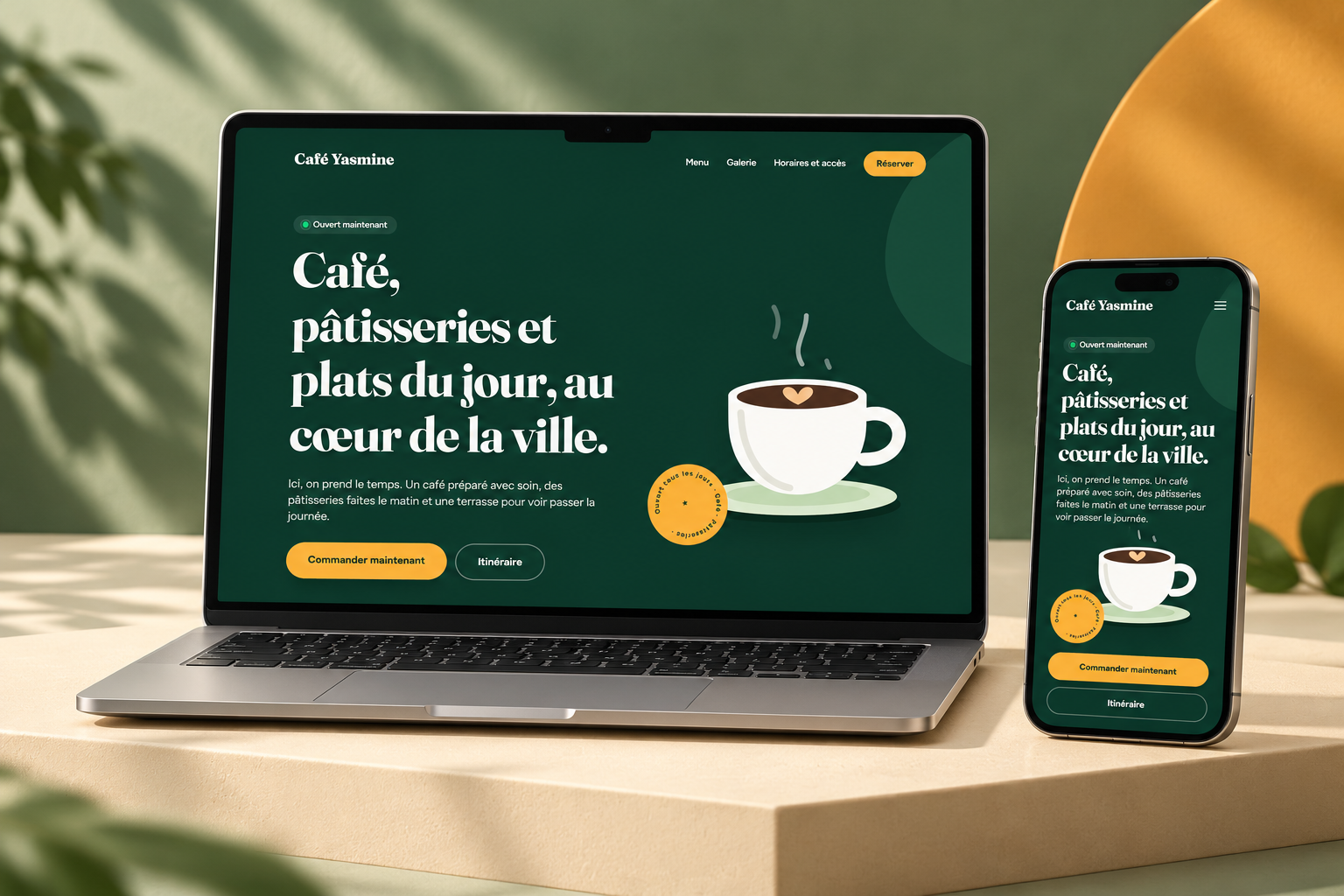 Aperçu illustratif du site Café Yasmine sur ordinateur et téléphone