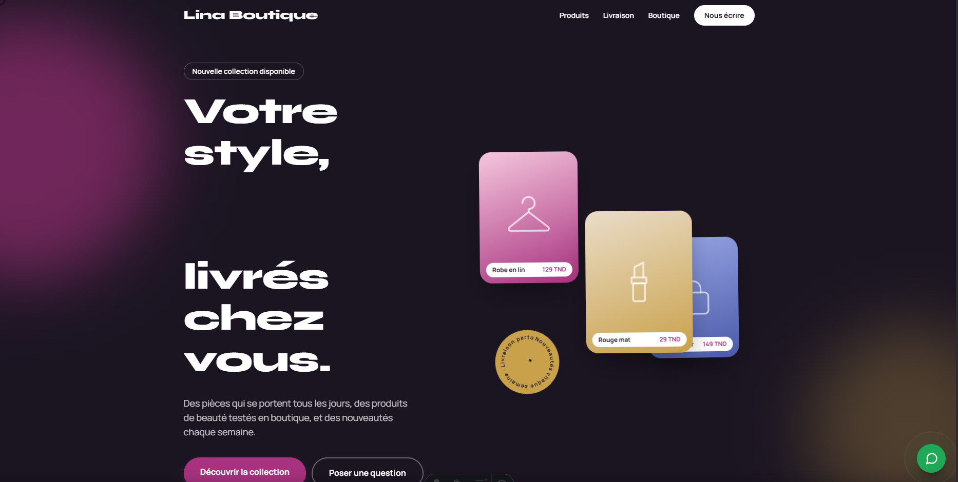 Page d’accueil Lina Boutique, présentation de la collection et cartes produits