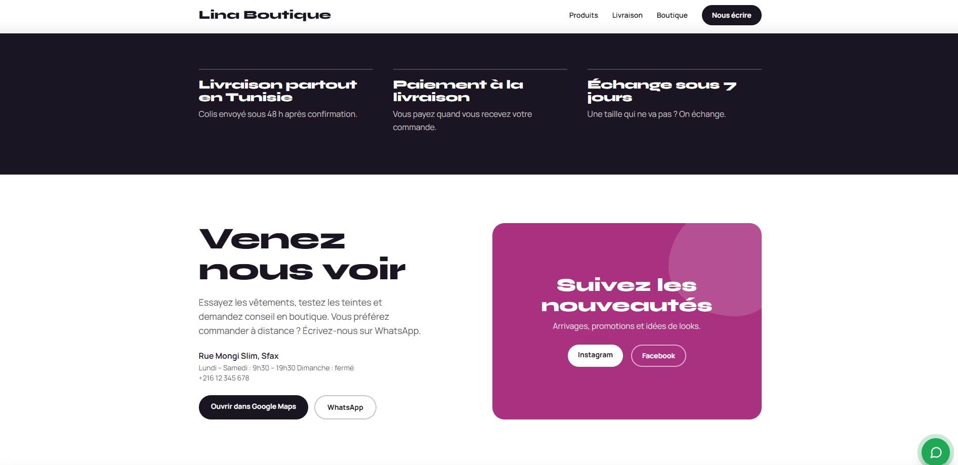 Présentation de la livraison, des informations boutique et des réseaux sociaux Lina Boutique