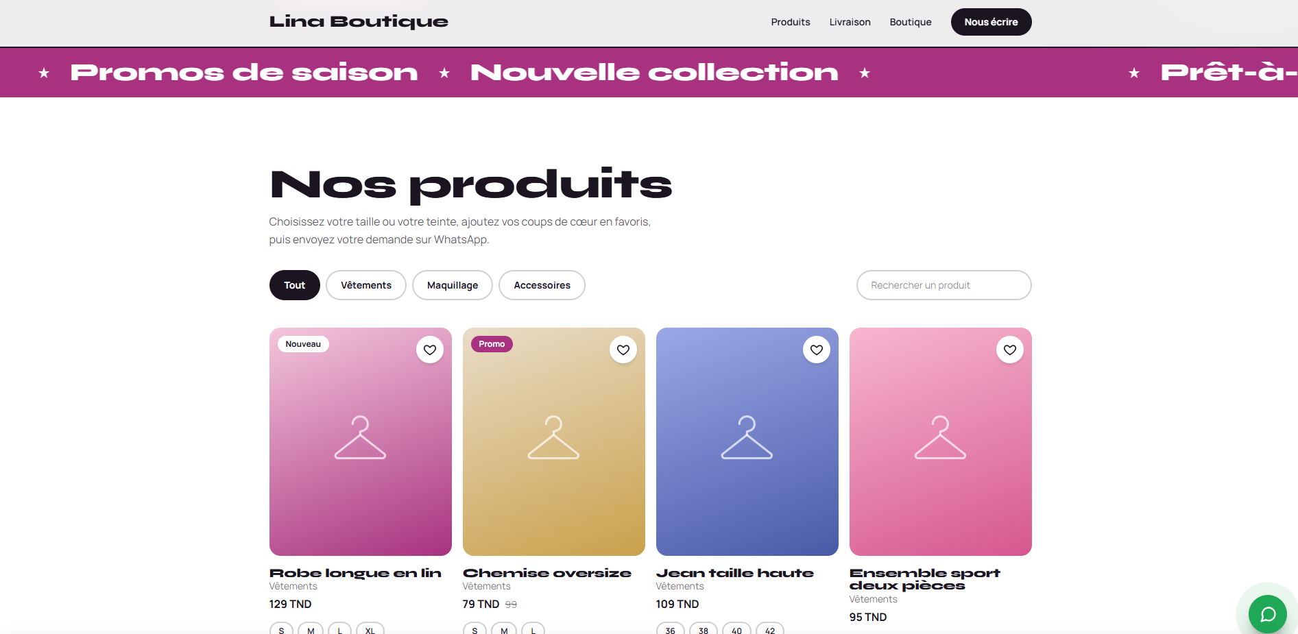 Catalogue Lina Boutique avec catégories, recherche et cartes de vêtements