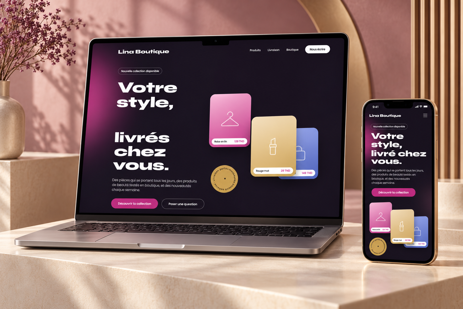 Aperçu illustratif du site Lina Boutique sur ordinateur et téléphone