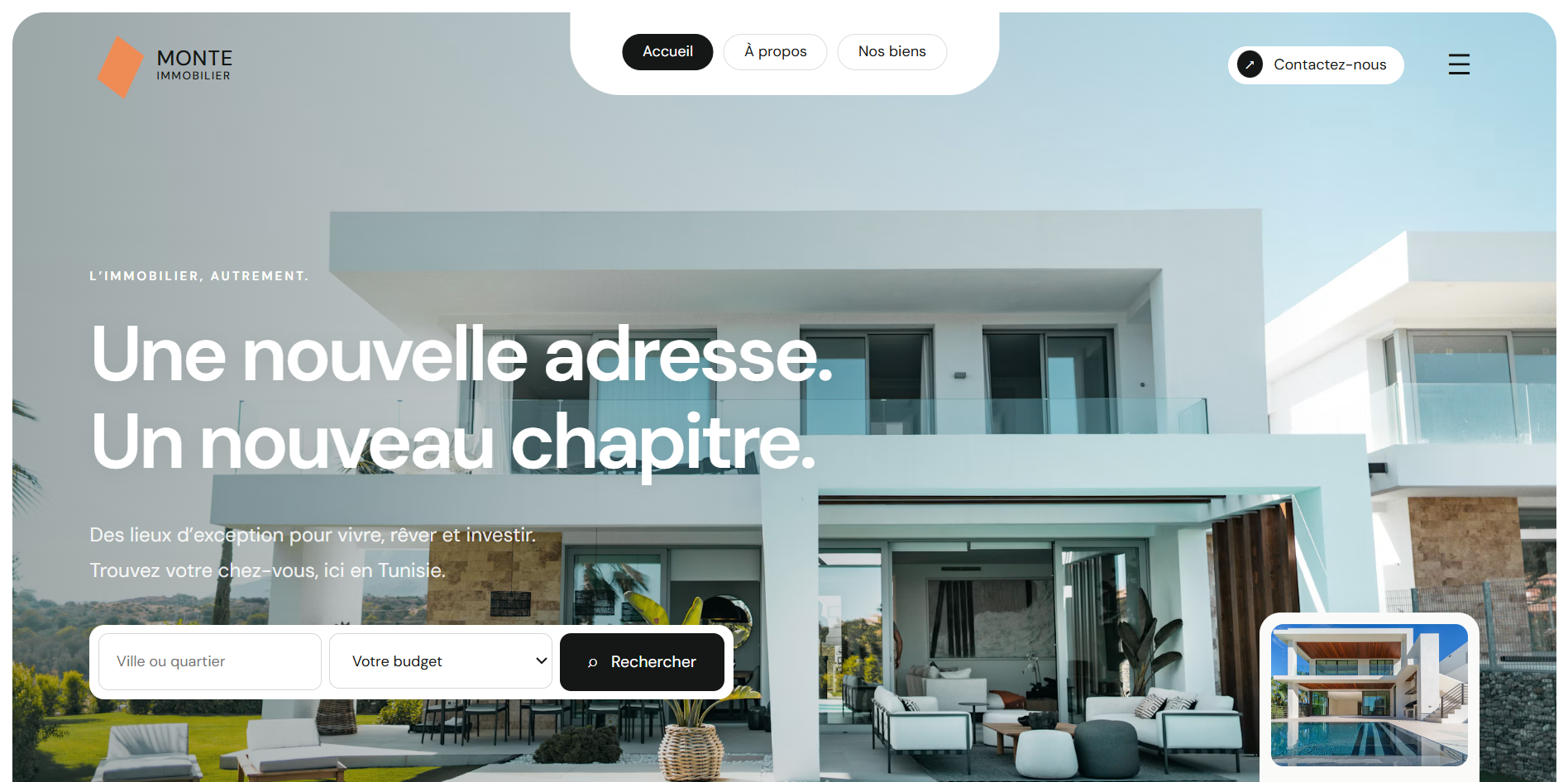 Site Monte Immobilier : villa contemporaine, navigation épurée et recherche de biens